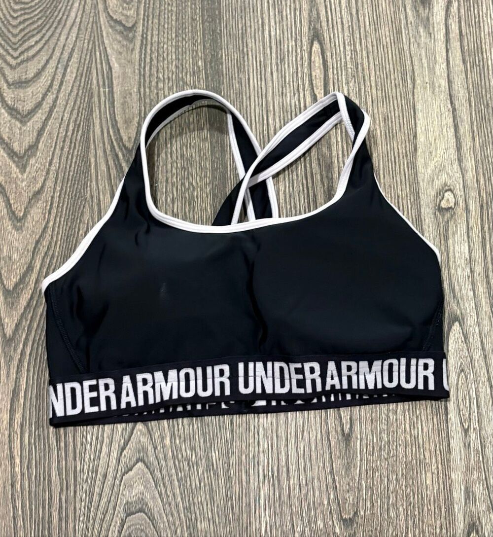 Under Armour Womens Sports Bra Crossback Logo Band Pullover Black White Size M